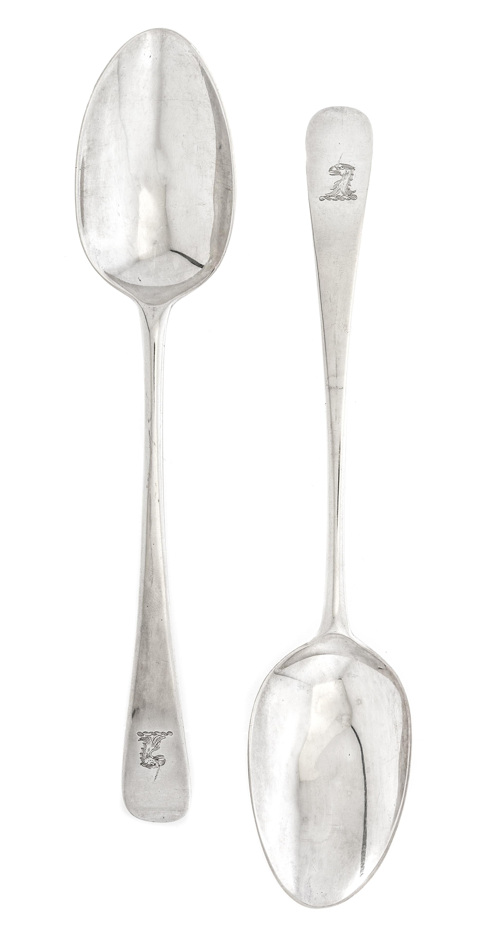 A Pair of George III Silver Table Spoons, Hester Bateman, London, 1783, the handles decorated with a griffin's head erased.