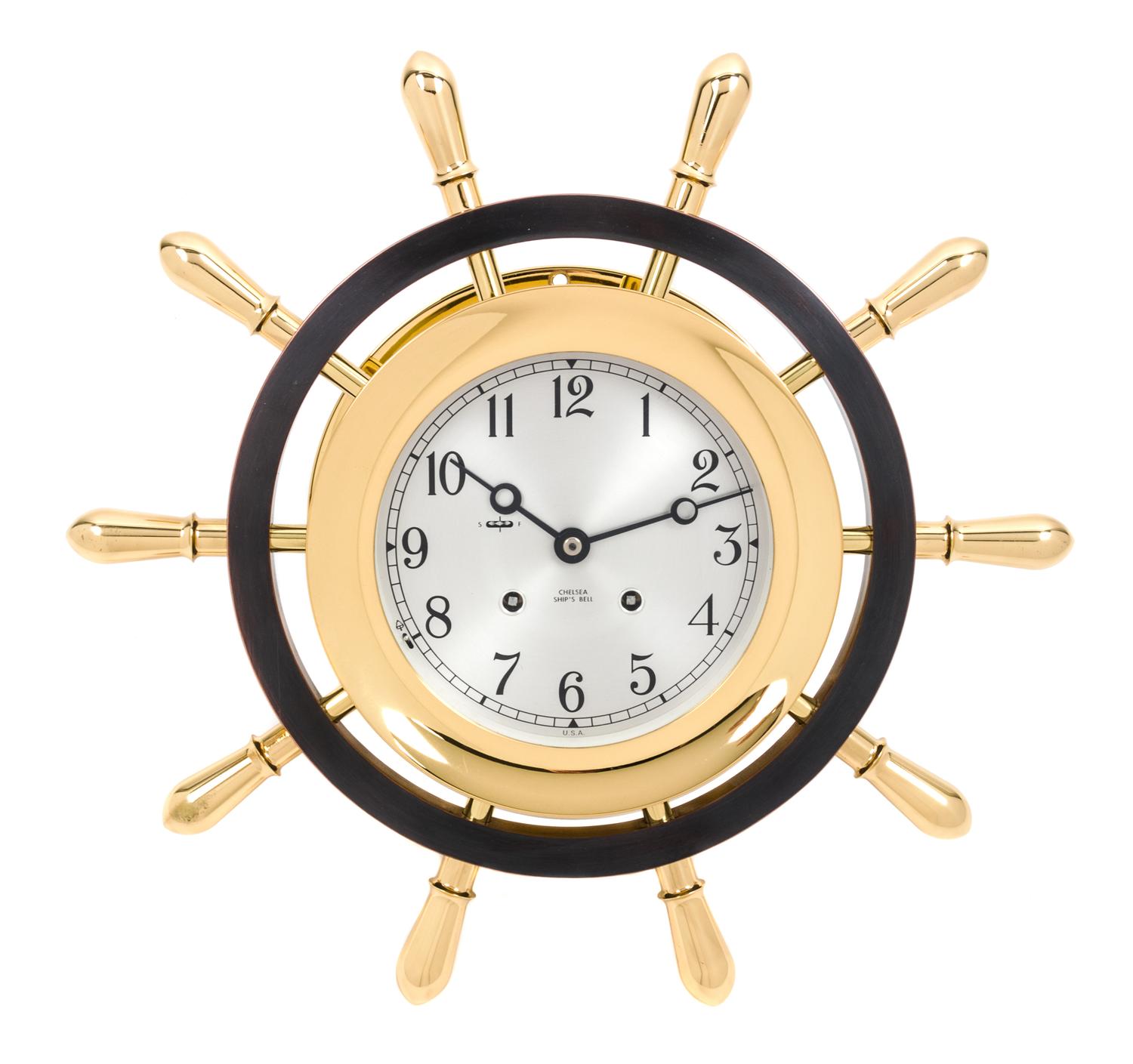 A Chelsea Brass Ship's Bell Clock Diameter 14 3/8 inches.