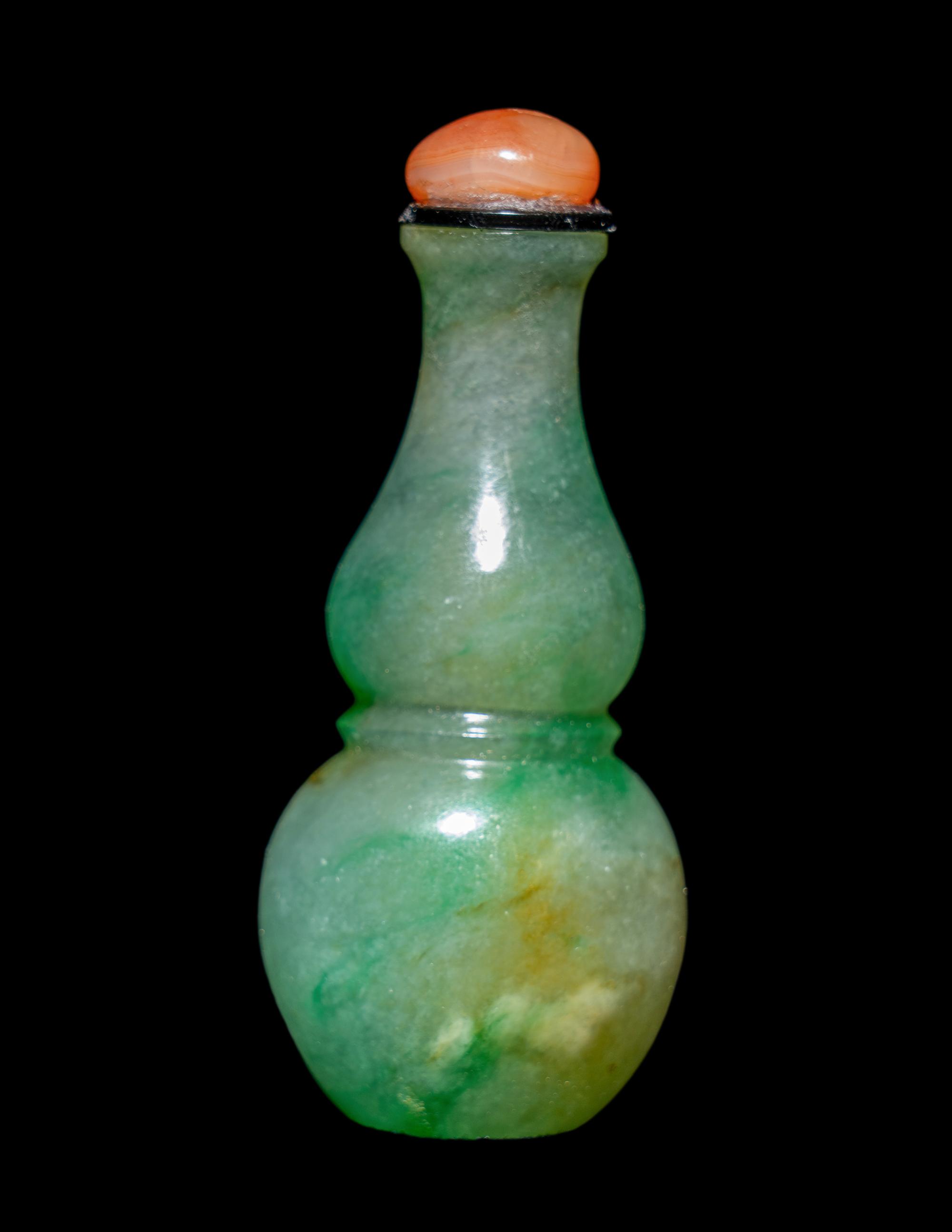 A Chinese Apple Green and Celadon Jadeite Gourd-Form Snuff Bottle