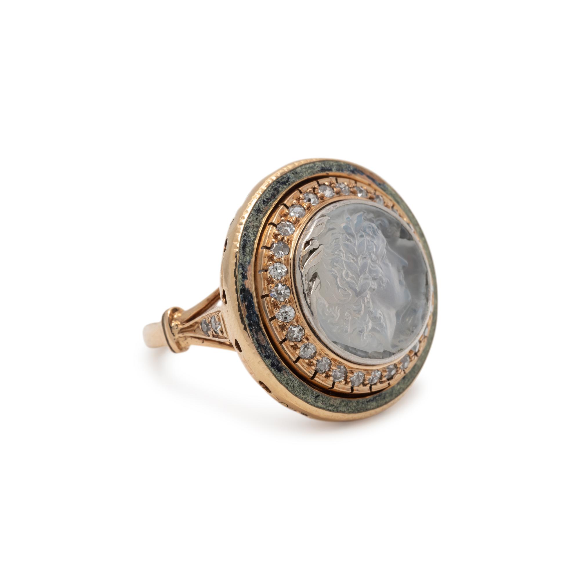 ANTIQUE, MOONSTONE CAMEO AND DIAMOND RING