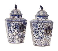 A Pair of Large English Ironstone Parcel Gilt Blue and White Hexagonal Lidded Jars