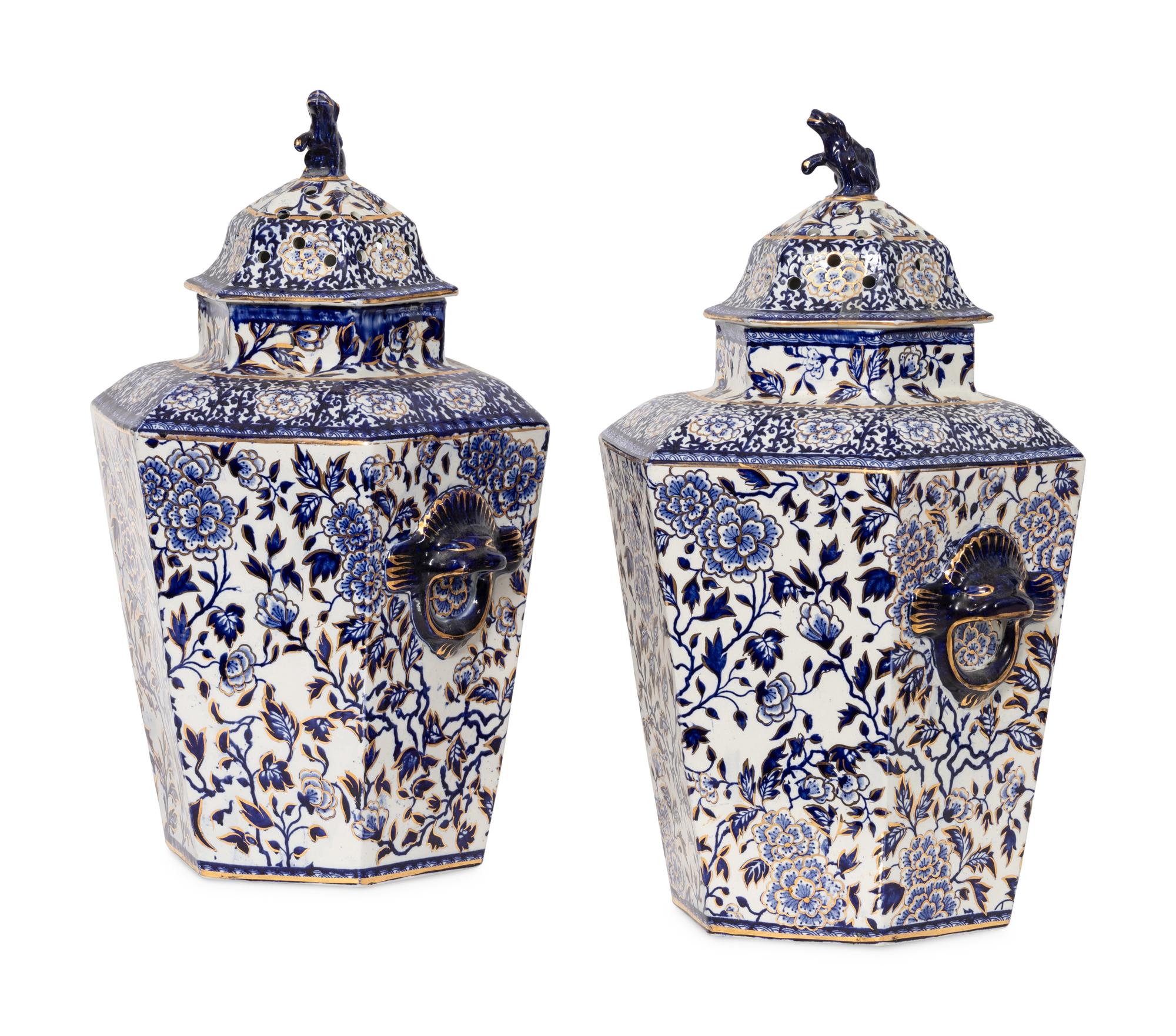 A Pair of Large English Ironstone Parcel Gilt Blue and White Hexagonal Lidded Jars