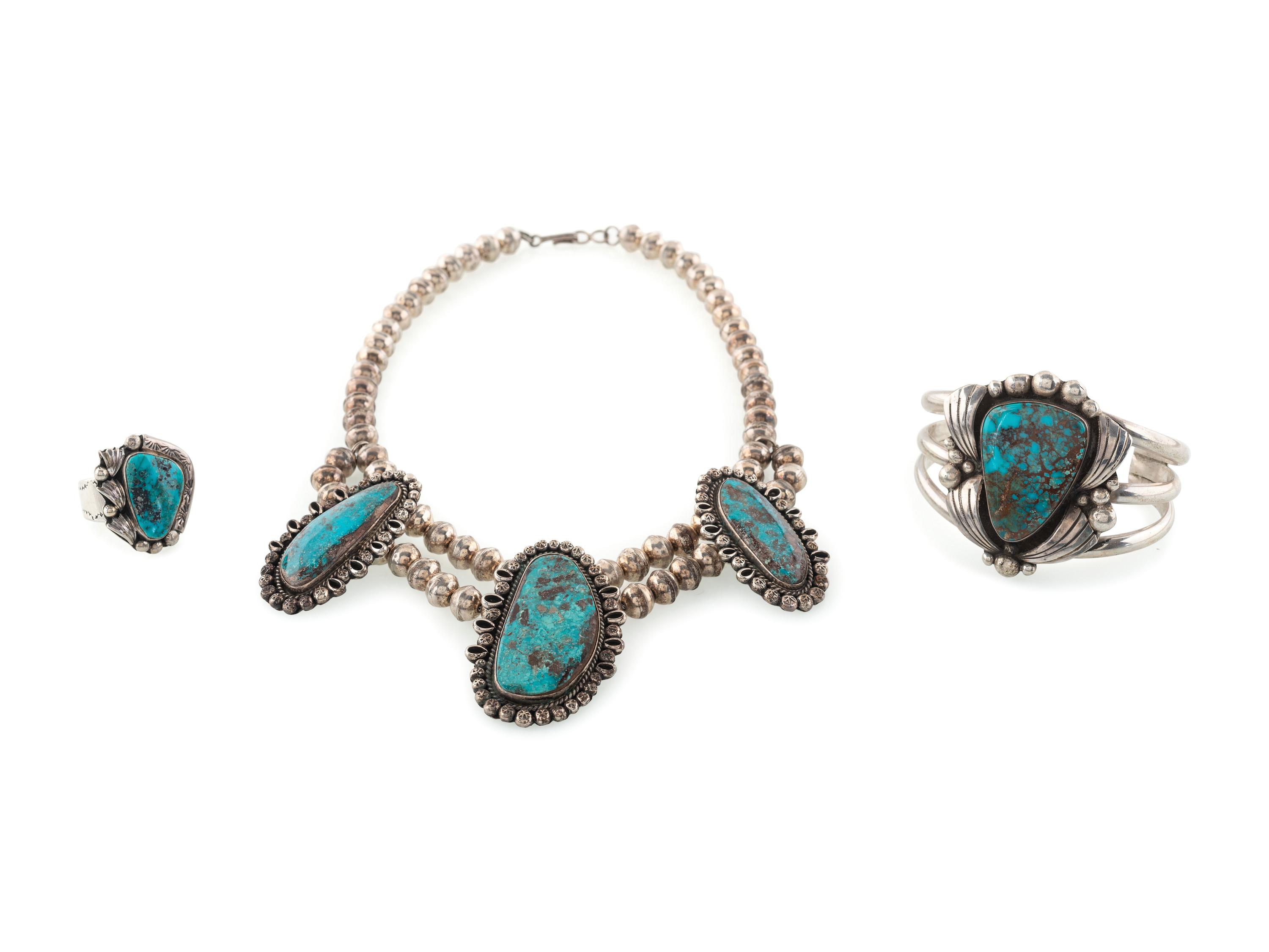 Navajo Silver and Turquoise Necklace, Cuff Bracelet, AND Ring