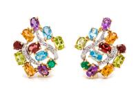 A Pair of 18 Karat Bicolor Gold, Multigem and Diamond Earclips,