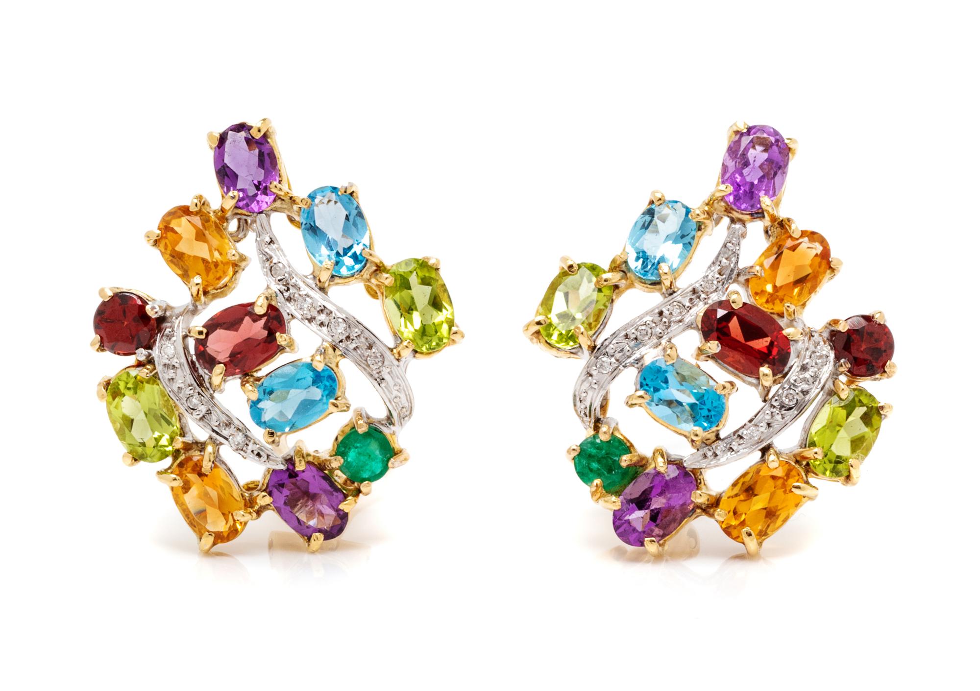 A Pair of 18 Karat Bicolor Gold, Multigem and Diamond Earclips,
