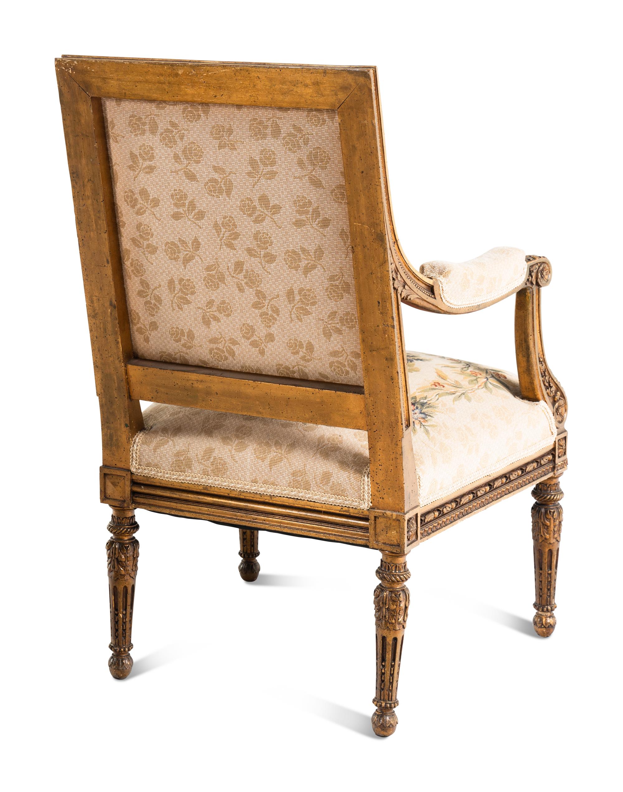 A Pair of Louis XVI Style Tapestry-Upholstered Giltwood Bergères