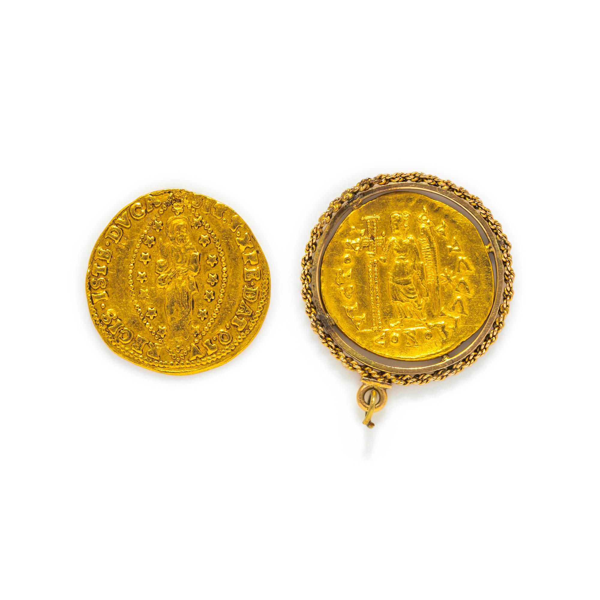 Two Byzantine and Venetian Gold Coins — One set in a gold pendant