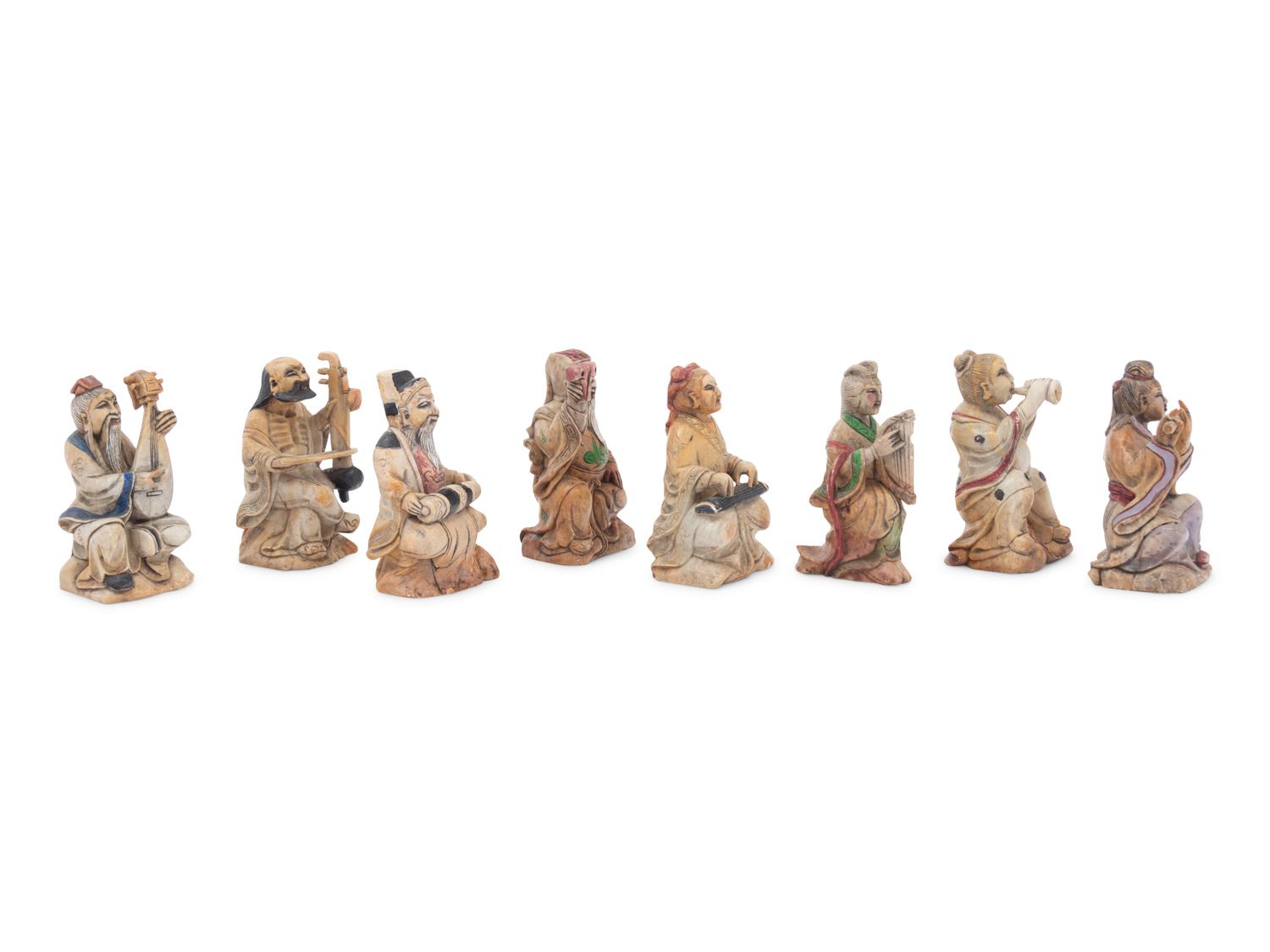 A Set of Eight Chinese Painted Soapstone Figures of Daoist Immortals