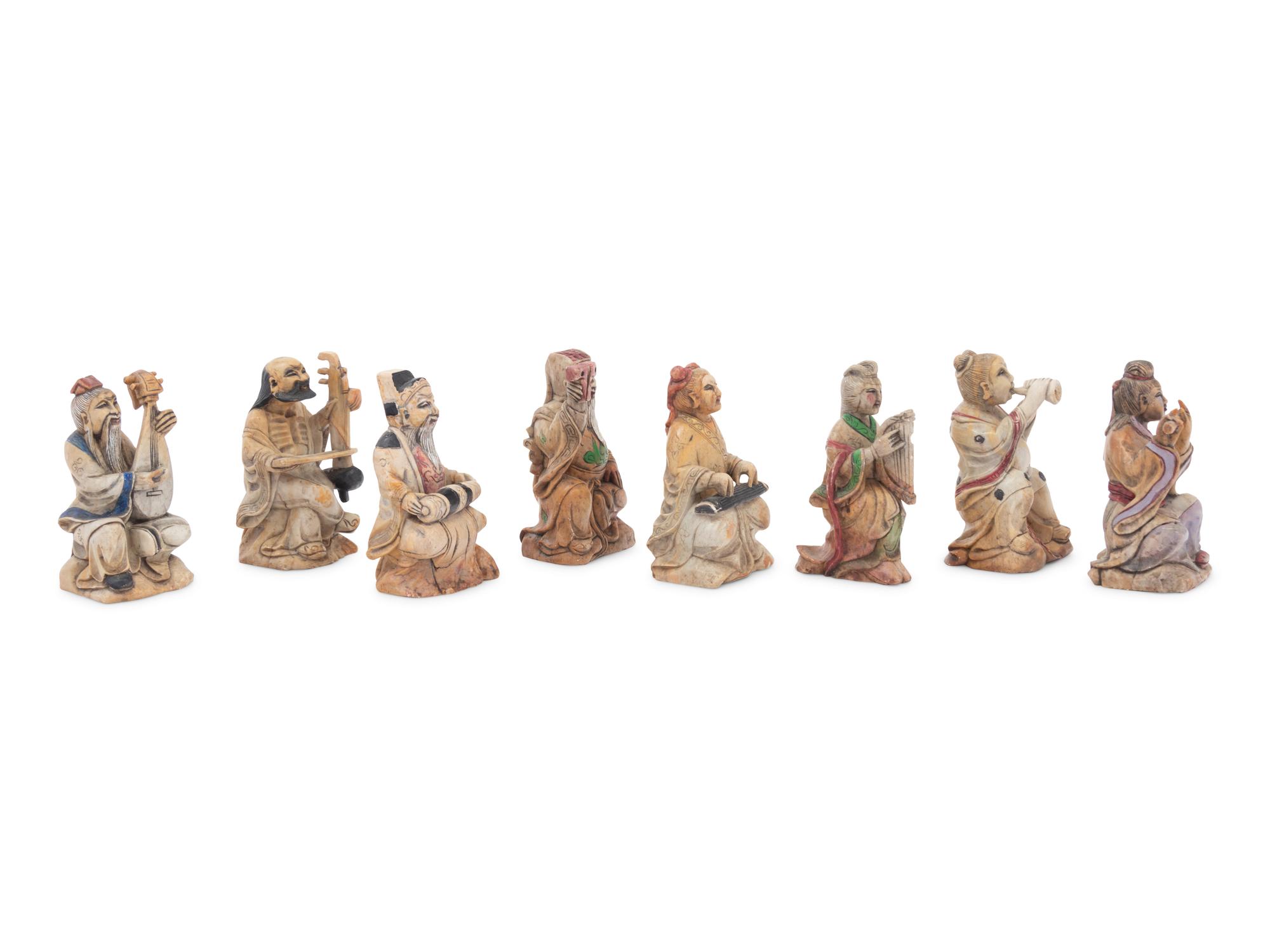 A Set of Eight Chinese Painted Soapstone Figures of Daoist Immortals