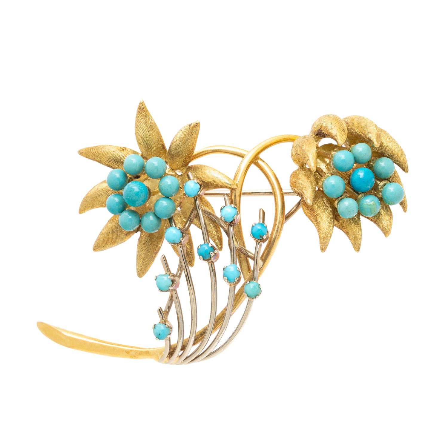 YELLOW GOLD AND TURQUOISE FLOWER BROOCH