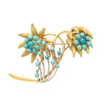 YELLOW GOLD AND TURQUOISE FLOWER BROOCH