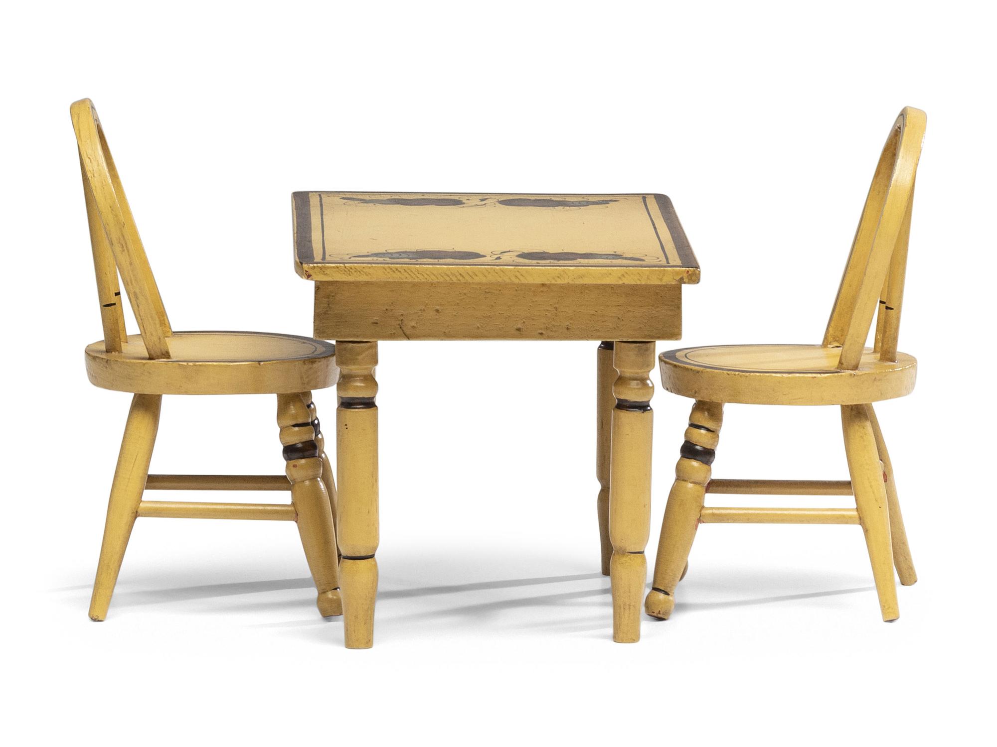A Miniature Classical Yellow Painted and Stencil-Decorated Dining Table and Pair of Chairs
