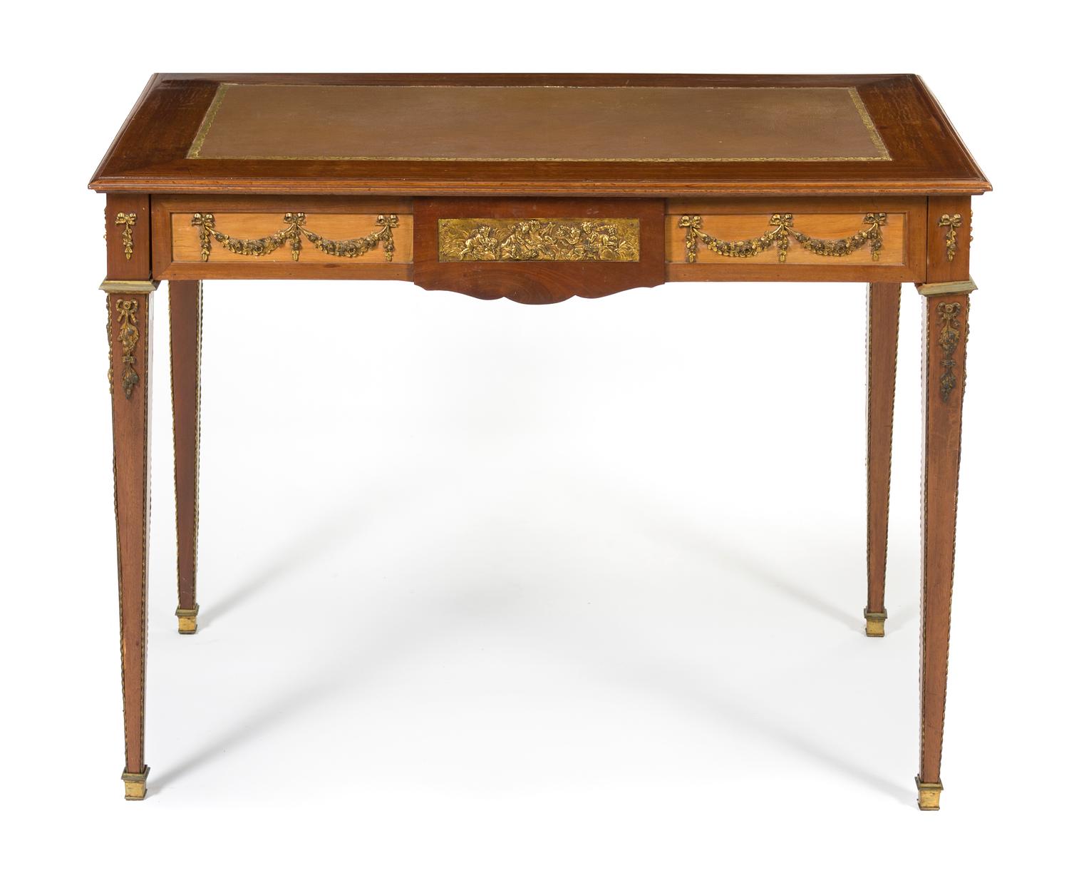 A Louis XVI Style Gilt Bronze Mounted Mahogany Table a Ecrire, Height 30 x width 39 1/4 x depth 23 1/2 inches.
