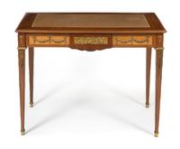 A Louis XVI Style Gilt Bronze Mounted Mahogany Table a Ecrire, Height 30 x width 39 1/4 x depth 23 1/2 inches.