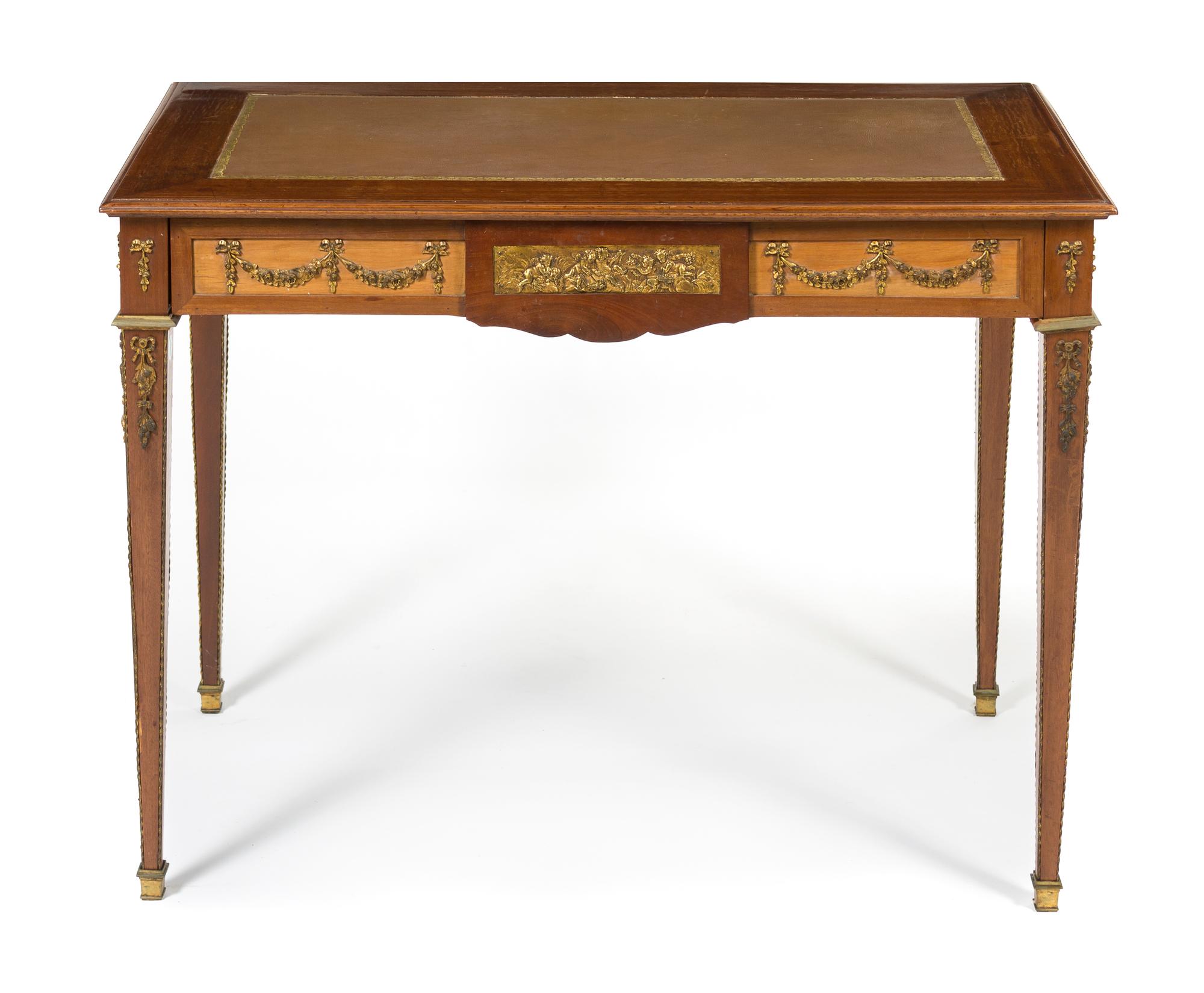 A Louis XVI Style Gilt Bronze Mounted Mahogany Table a Ecrire, Height 30 x width 39 1/4 x depth 23 1/2 inches.