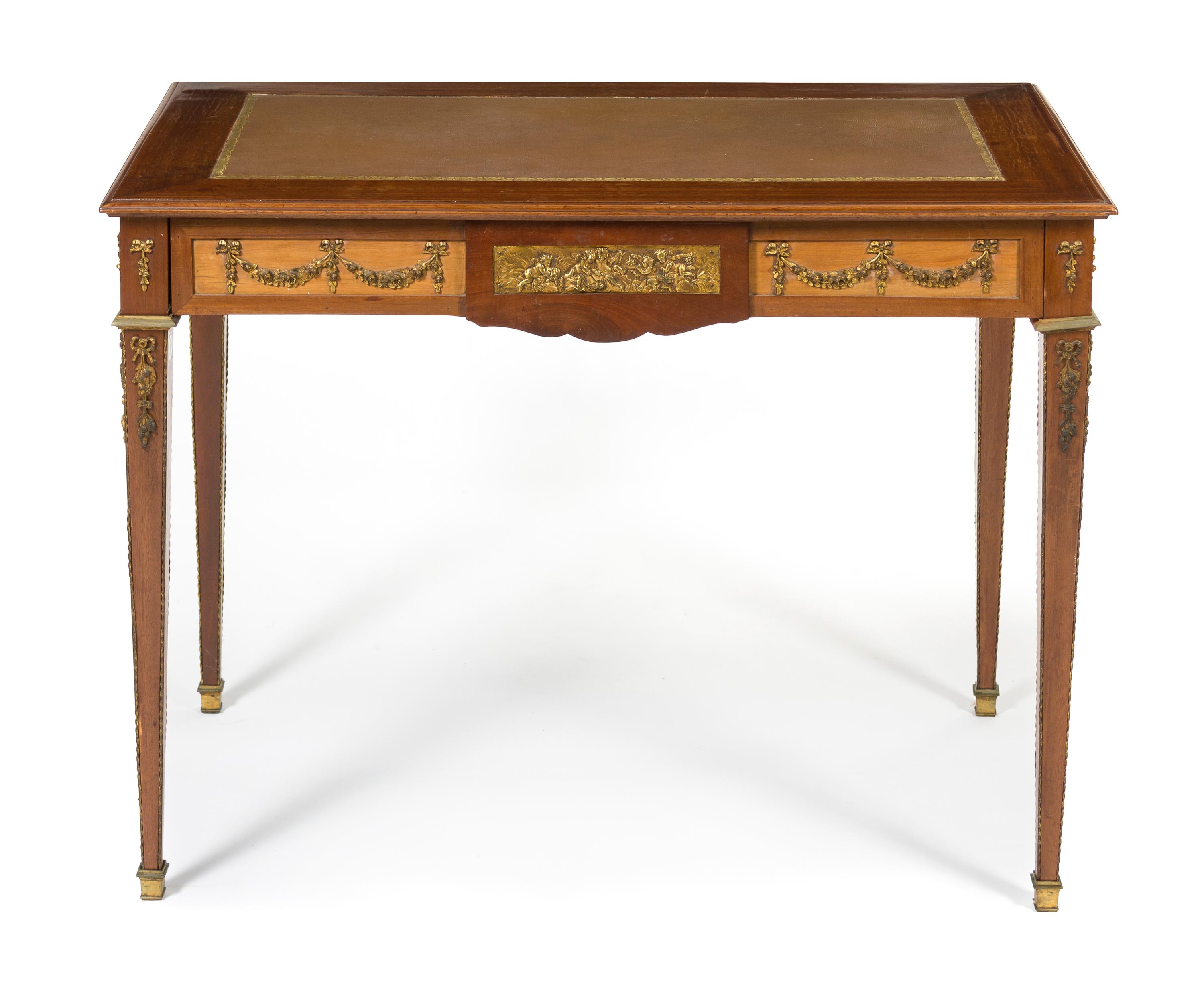 A Louis XVI Style Gilt Bronze Mounted Mahogany Table a Ecrire, Height 30 x width 39 1/4 x depth 23 1/2 inches.
