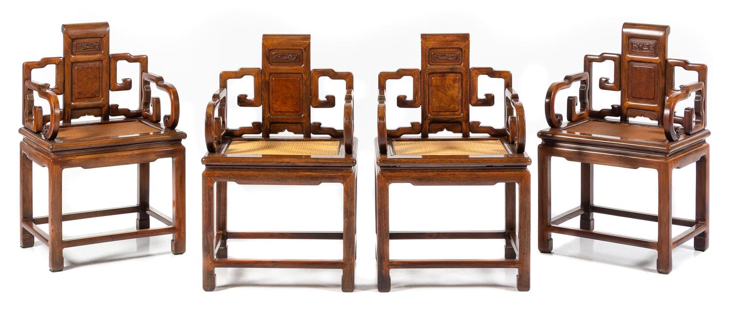 Four Burlwood Inset Huali Armchairs Height 35 1/2 inches. — 19TH/20TH CENTURY