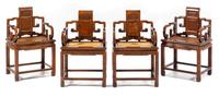 Four Burlwood Inset Huali Armchairs Height 35 1/2 inches. — 19TH/20TH CENTURY