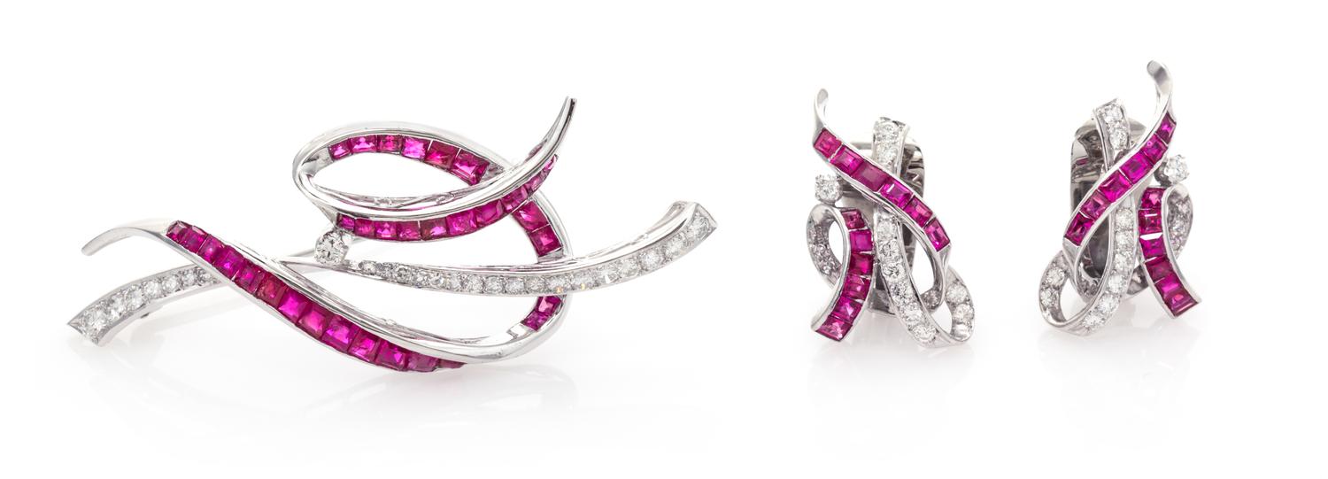 A Platinum, Ruby and Diamond Demi-Parure, 15.50 dwts.
