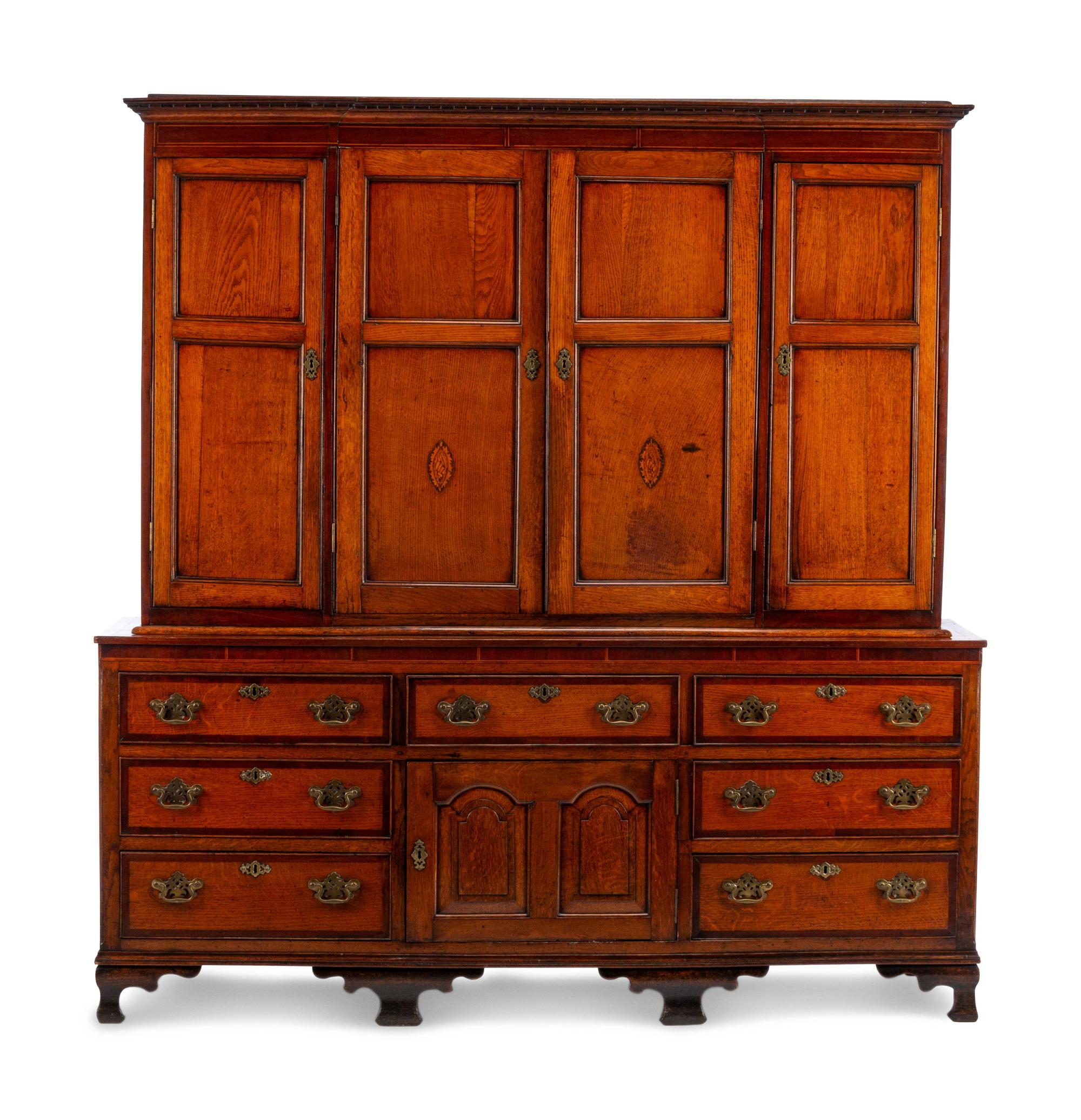A George III Inlaid Oak Cupboard on a Later Dresser Stand