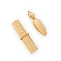 CARTIER, YELLOW GOLD LIPSTICK CASE AND UNSIGNED PERFUME BOTTLE