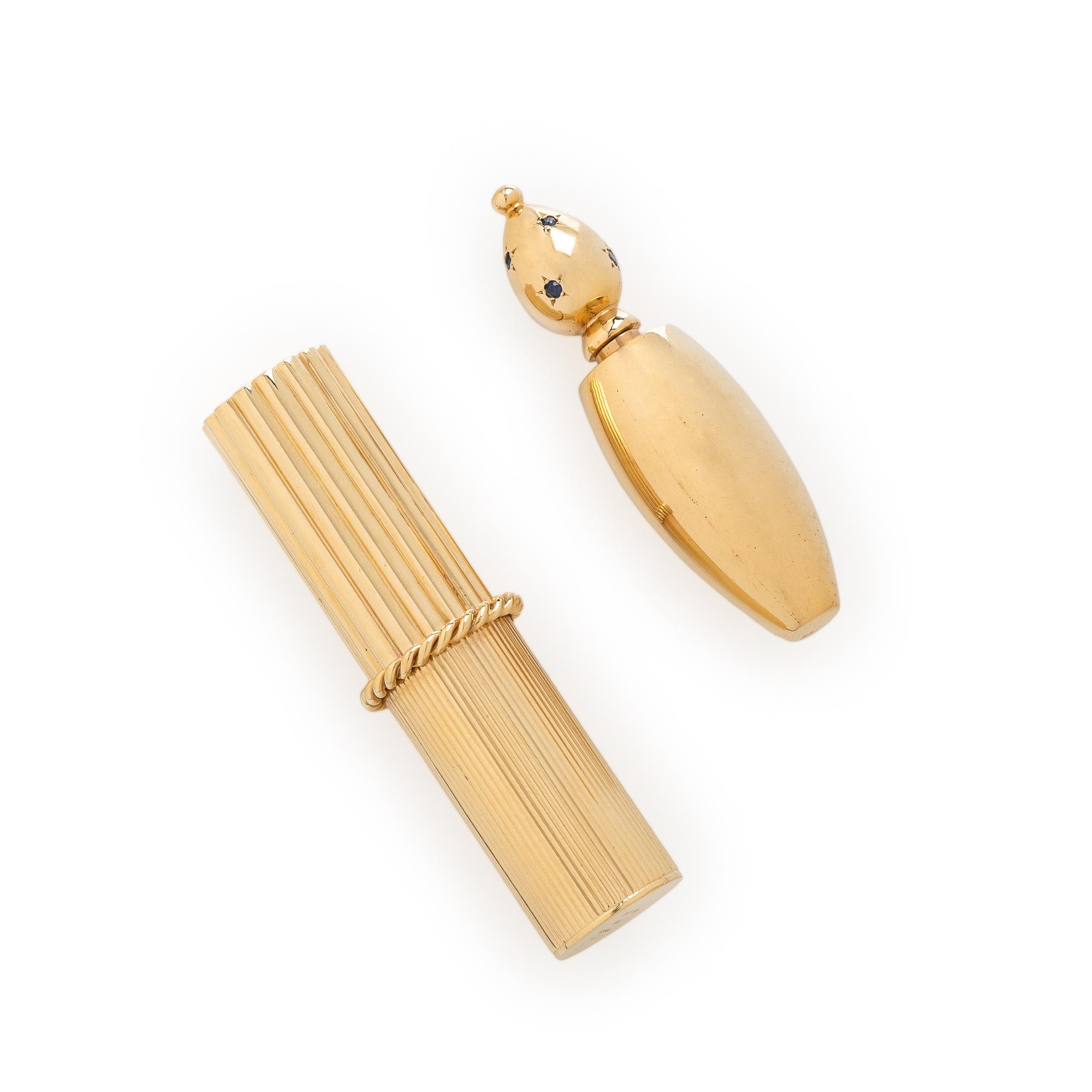 CARTIER, YELLOW GOLD LIPSTICK CASE AND UNSIGNED PERFUME BOTTLE