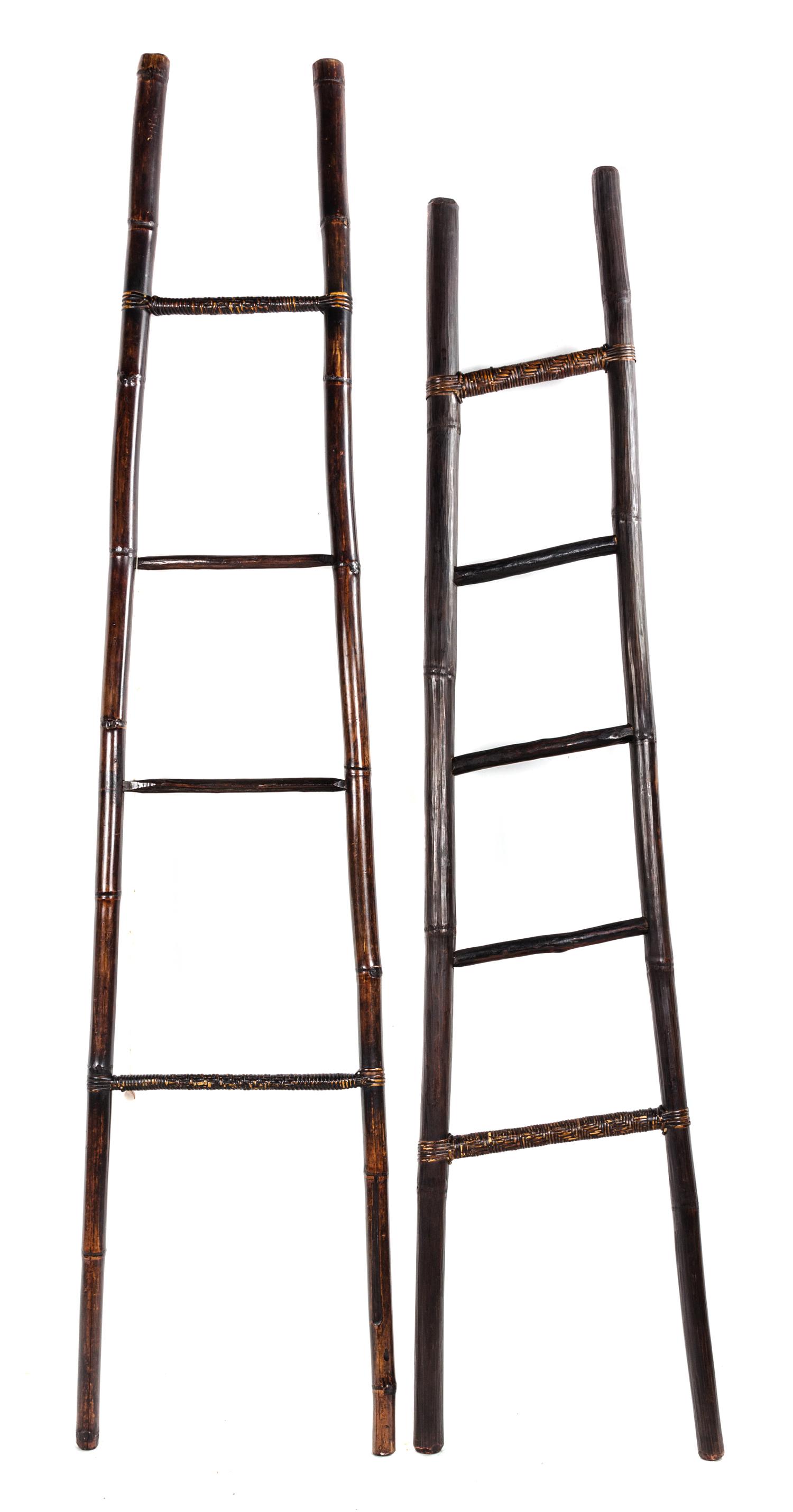 A Pair of Rattan and Ebonized Faux Bamboo Ladders Height of first 83 inches. — 20TH CENTURY