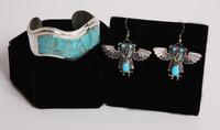 Sterling Silver and Turquoise Inlay Bracelet and Sterling Silver Earrings, each with Three Turquoise Stones