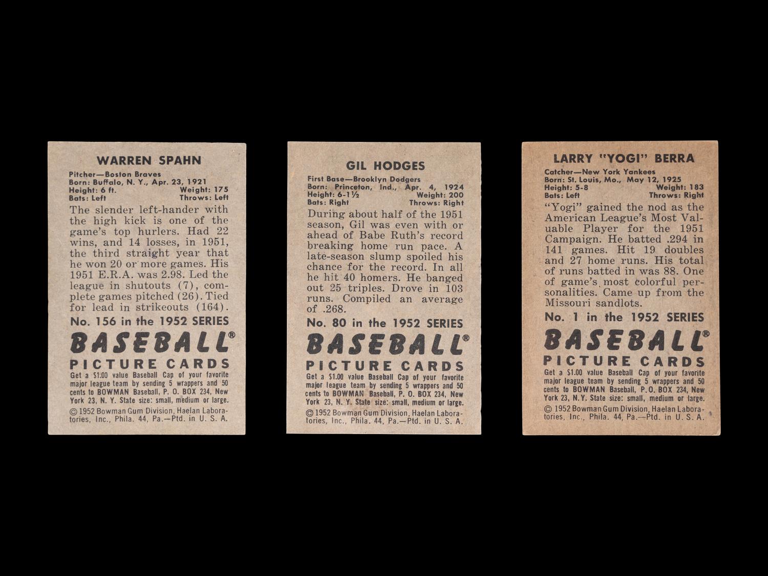 A Group of Three 1952 Bowman Hall of Fame Baseball Cards,