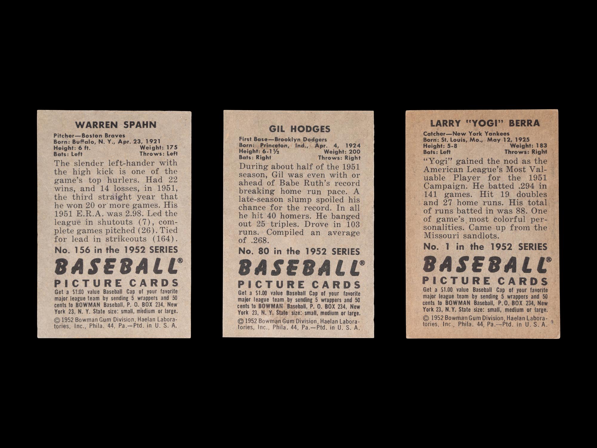 A Group of Three 1952 Bowman Hall of Fame Baseball Cards,
