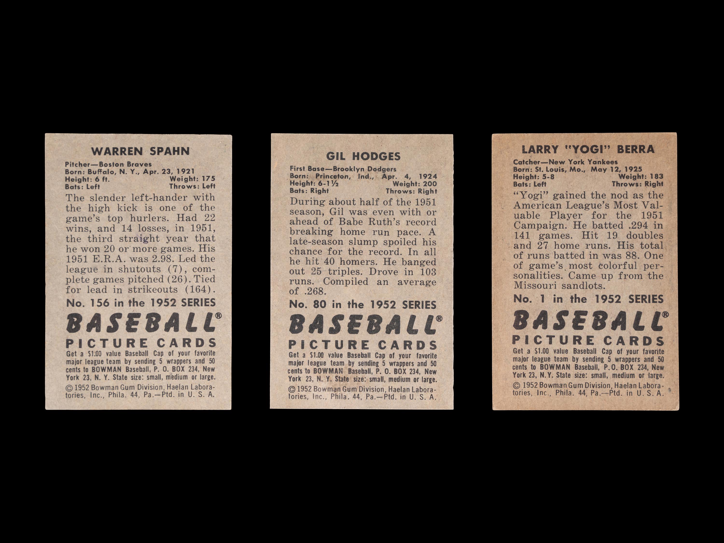 A Group of Three 1952 Bowman Hall of Fame Baseball Cards,