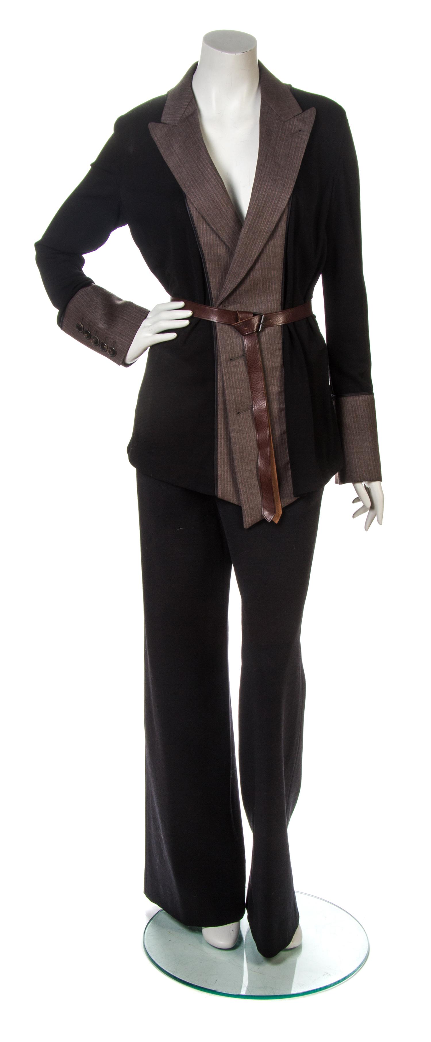 A Jean Paul Gaultier Black and Brown Pinstripe Pants Ensemble, Jacket size 6, pants size 8.