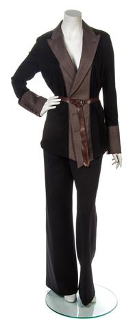 A Jean Paul Gaultier Black and Brown Pinstripe Pants Ensemble, Jacket size 6, pants size 8.