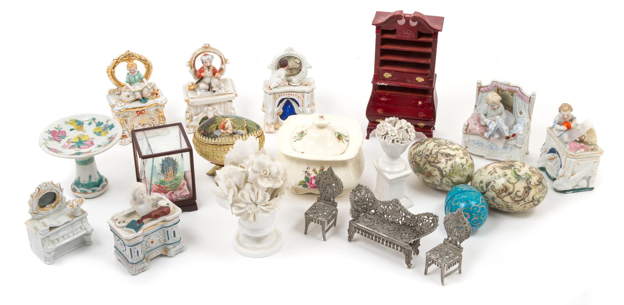 A Collection of Miniature Porcelain Boxes Height of first 3 inches.