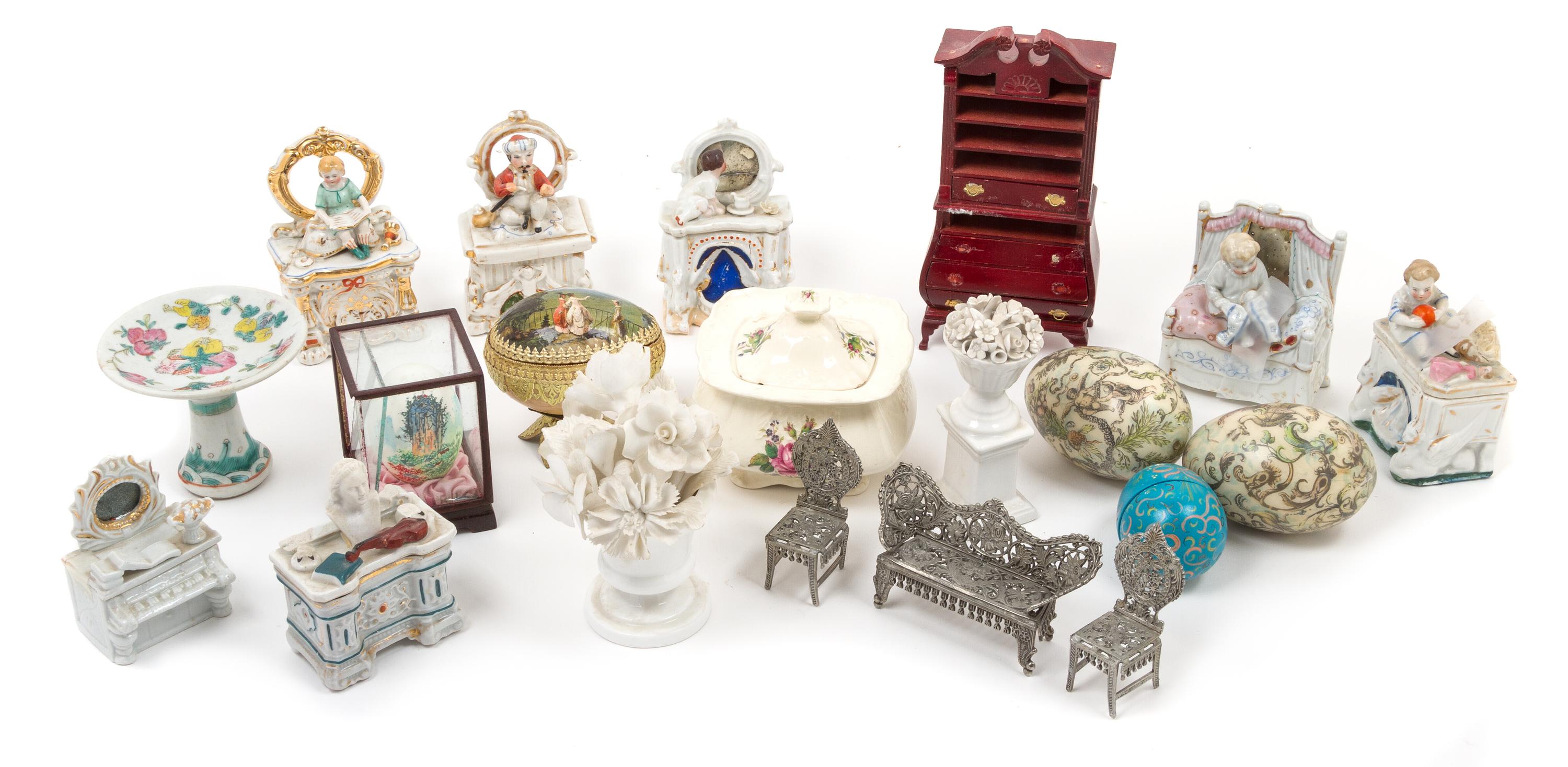 A Collection of Miniature Porcelain Boxes Height of first 3 inches.