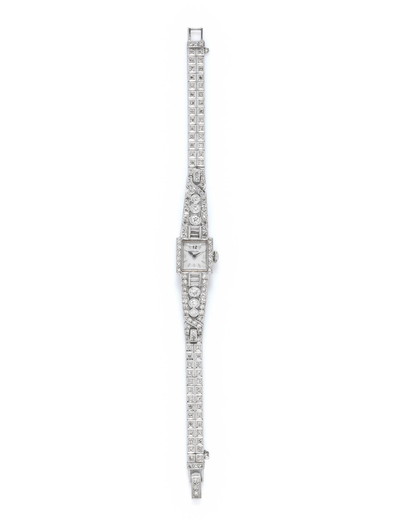 HAMILTON, PLATINUM AND DIAMOND WATCH