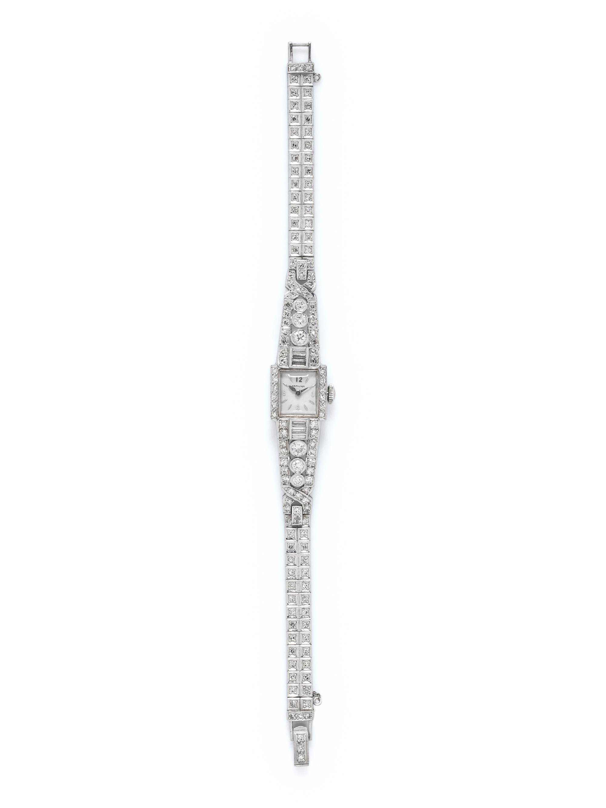 HAMILTON, PLATINUM AND DIAMOND WATCH