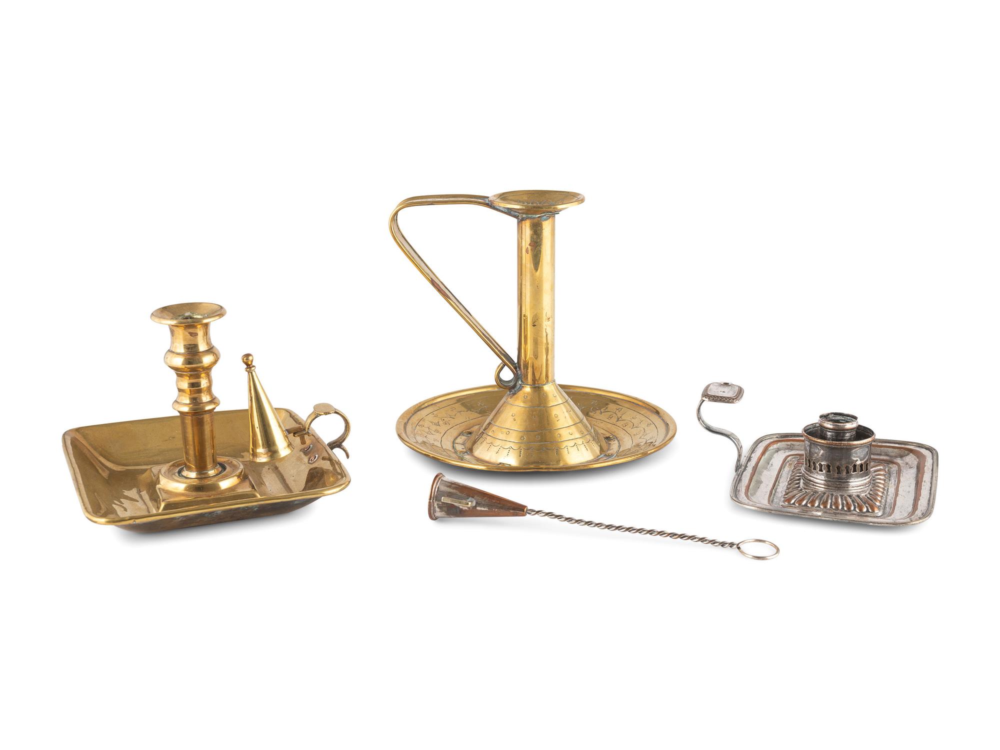Three English Chambersticks, Brass and Silverplate