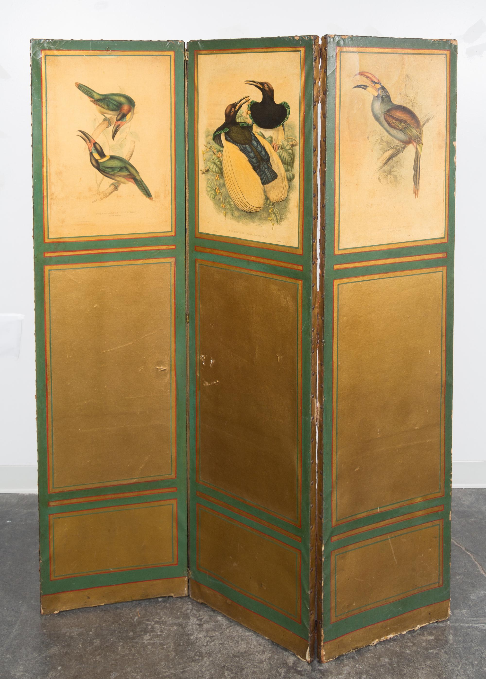 A Victorian Style Painted Floor Screen Height 65 3/4 x width of each panel 17 inches.