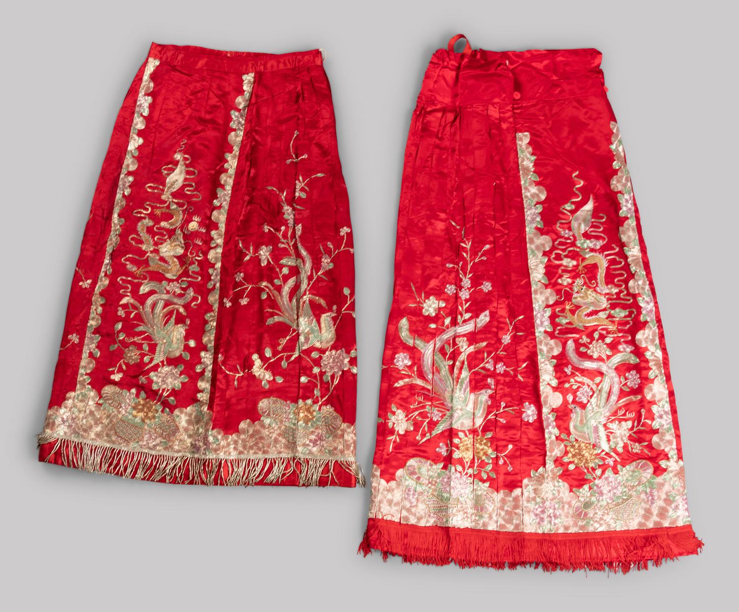 Two Sets of Chinese Embroidered Silk Wedding Gowns