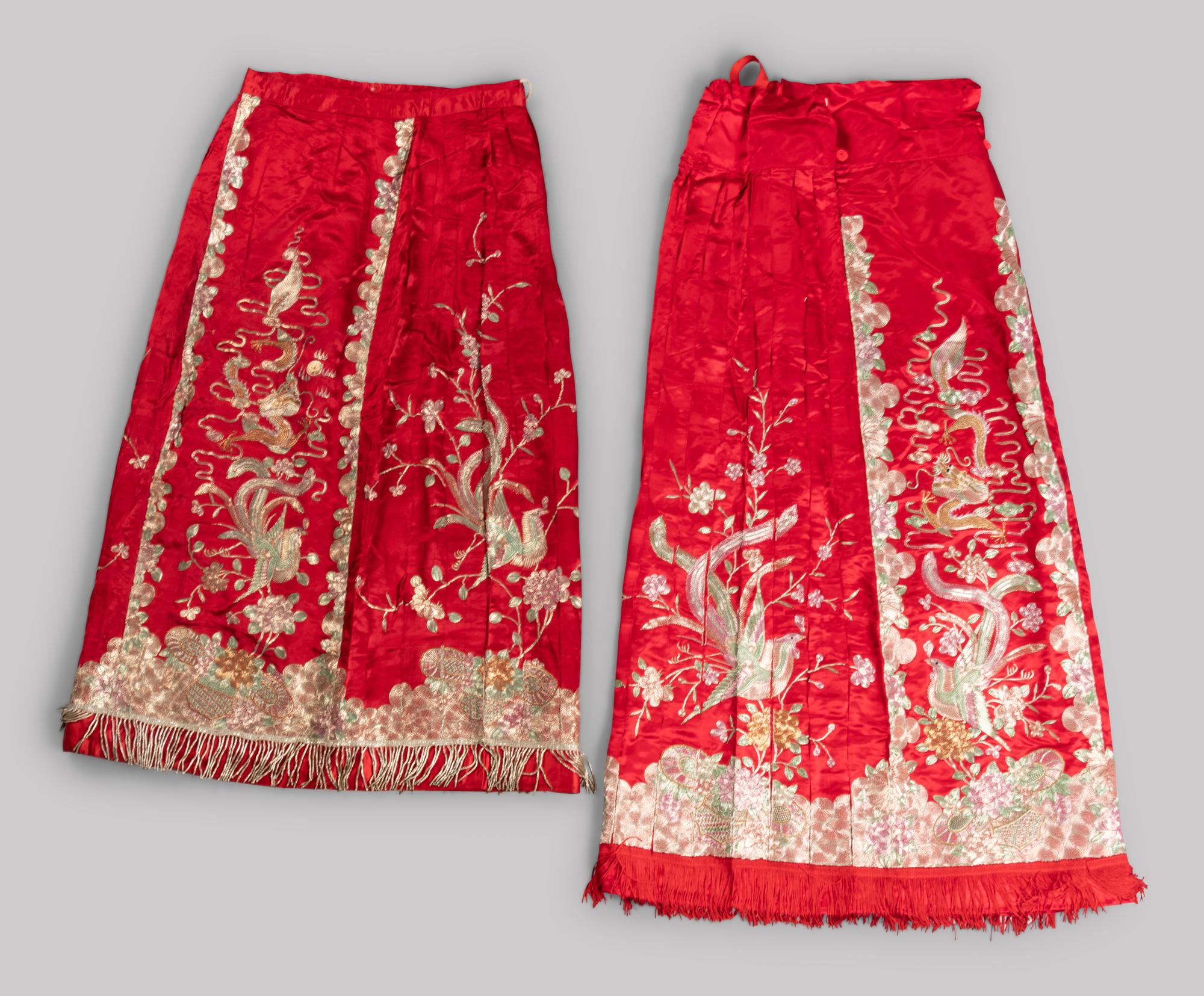 Two Sets of Chinese Embroidered Silk Wedding Gowns