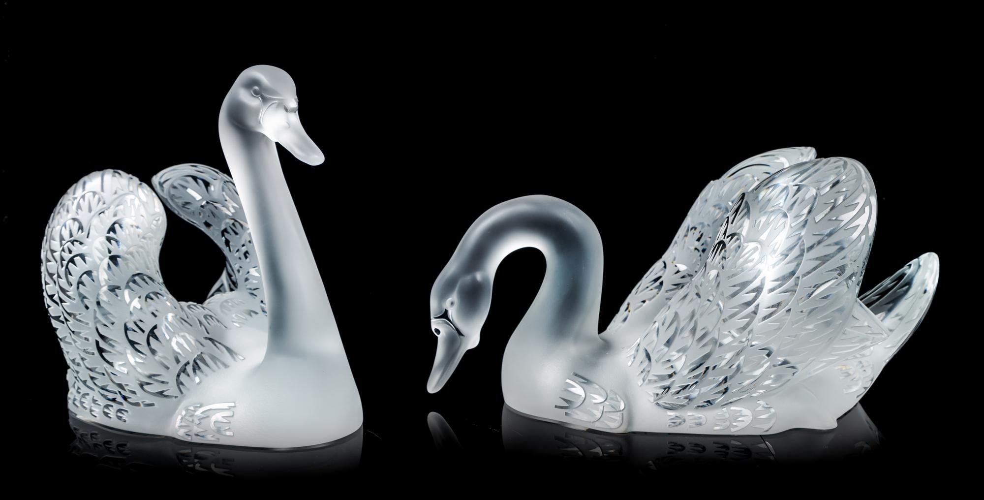 Two Lalique Swans on a Pond Length of largest 32 5/8 inches.