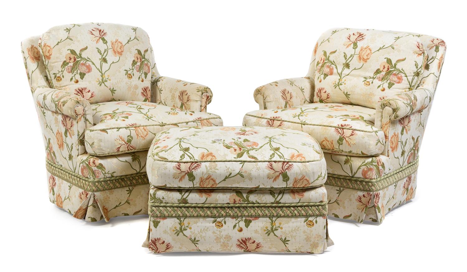 A Group of Silk Upholstered Seating Furniture Length of first 64 inches.