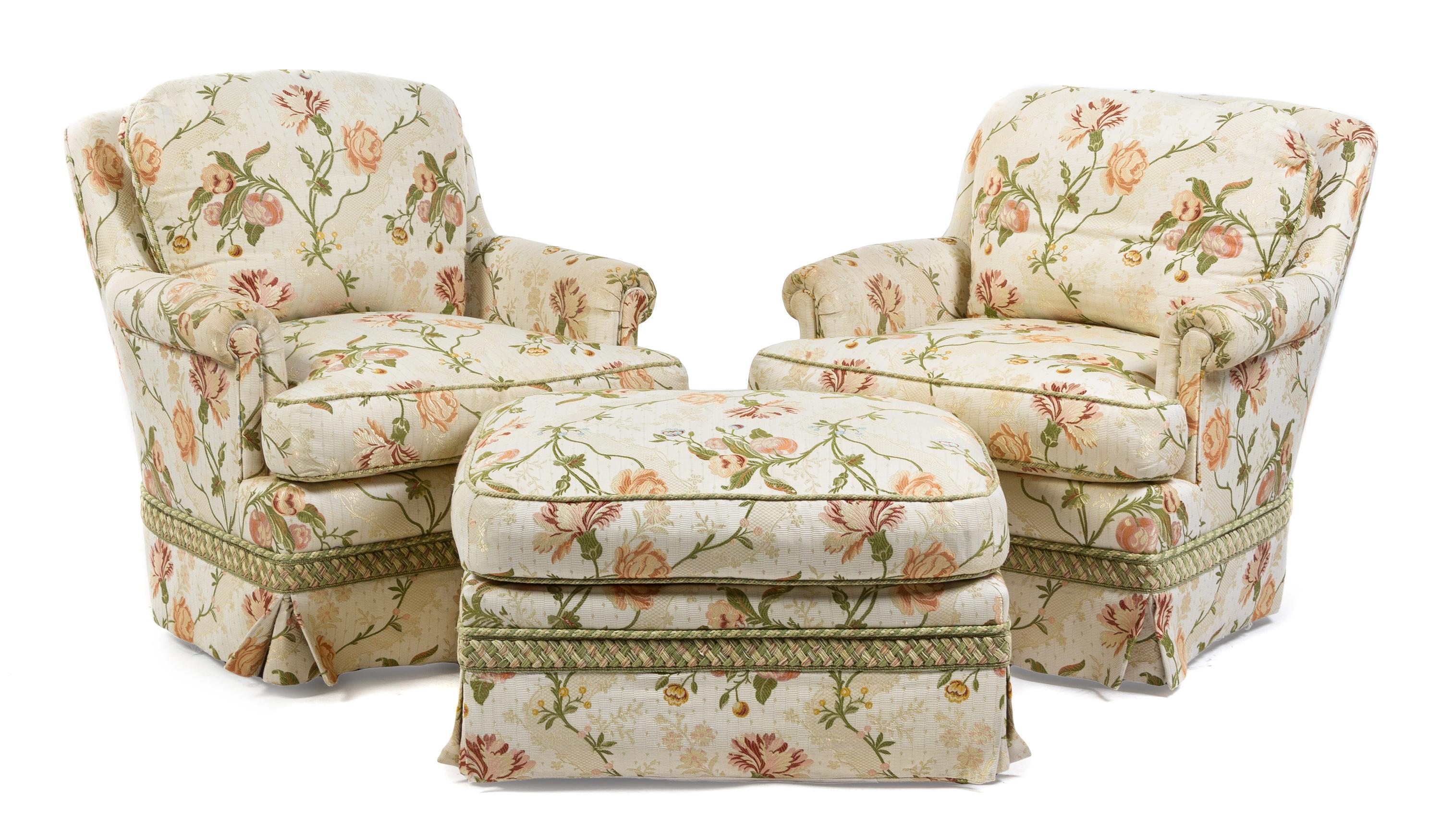 A Group of Silk Upholstered Seating Furniture Length of first 64 inches.