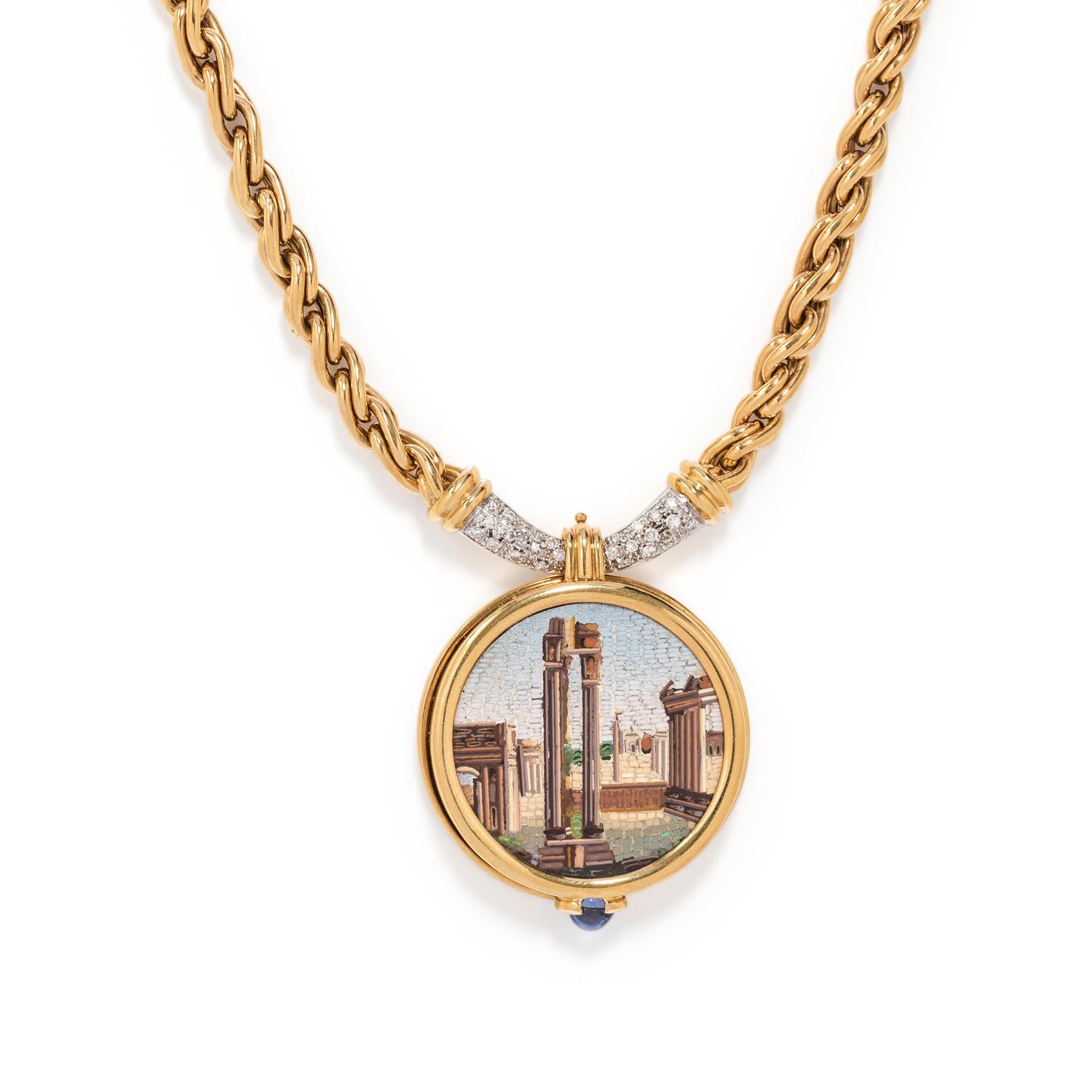 YELLOW GOLD, MICROMOSAIC AND DIAMOND NECKLACE