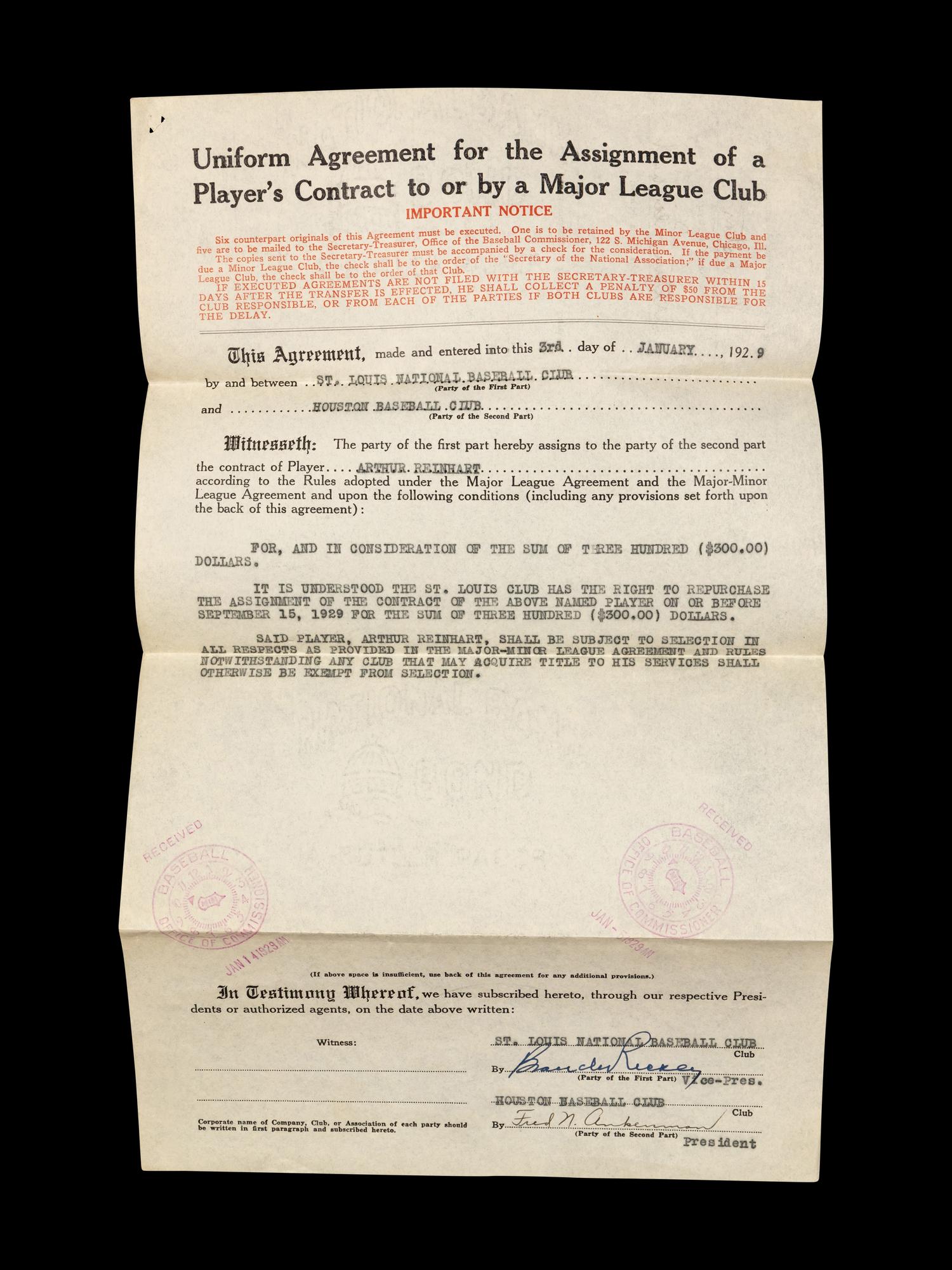 A Group of 15 1920s-30s St. Louis Cardinals Contract Agreements All Signed by Branch Rickey