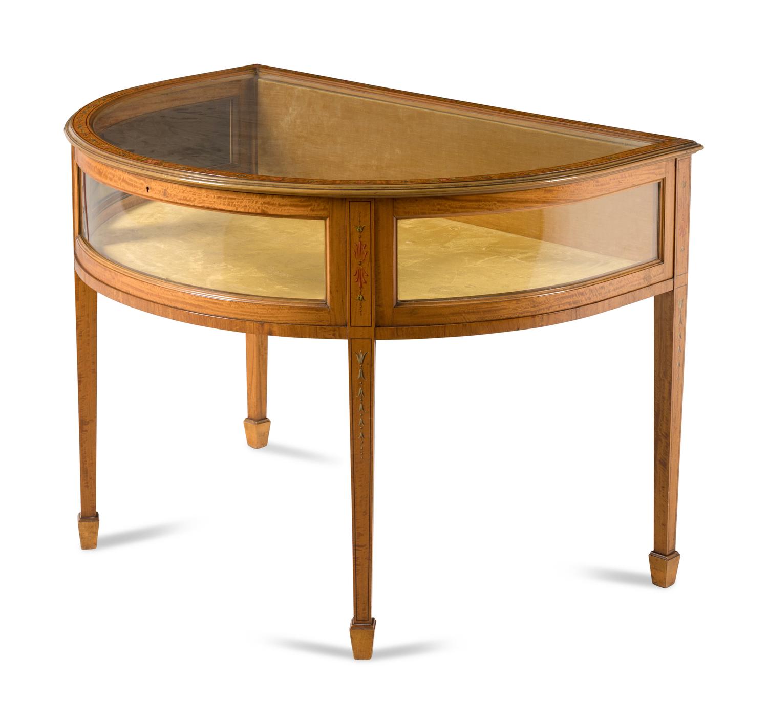 An Edwardian Satinwood and Paint Decorated Demilune Vitrine Table