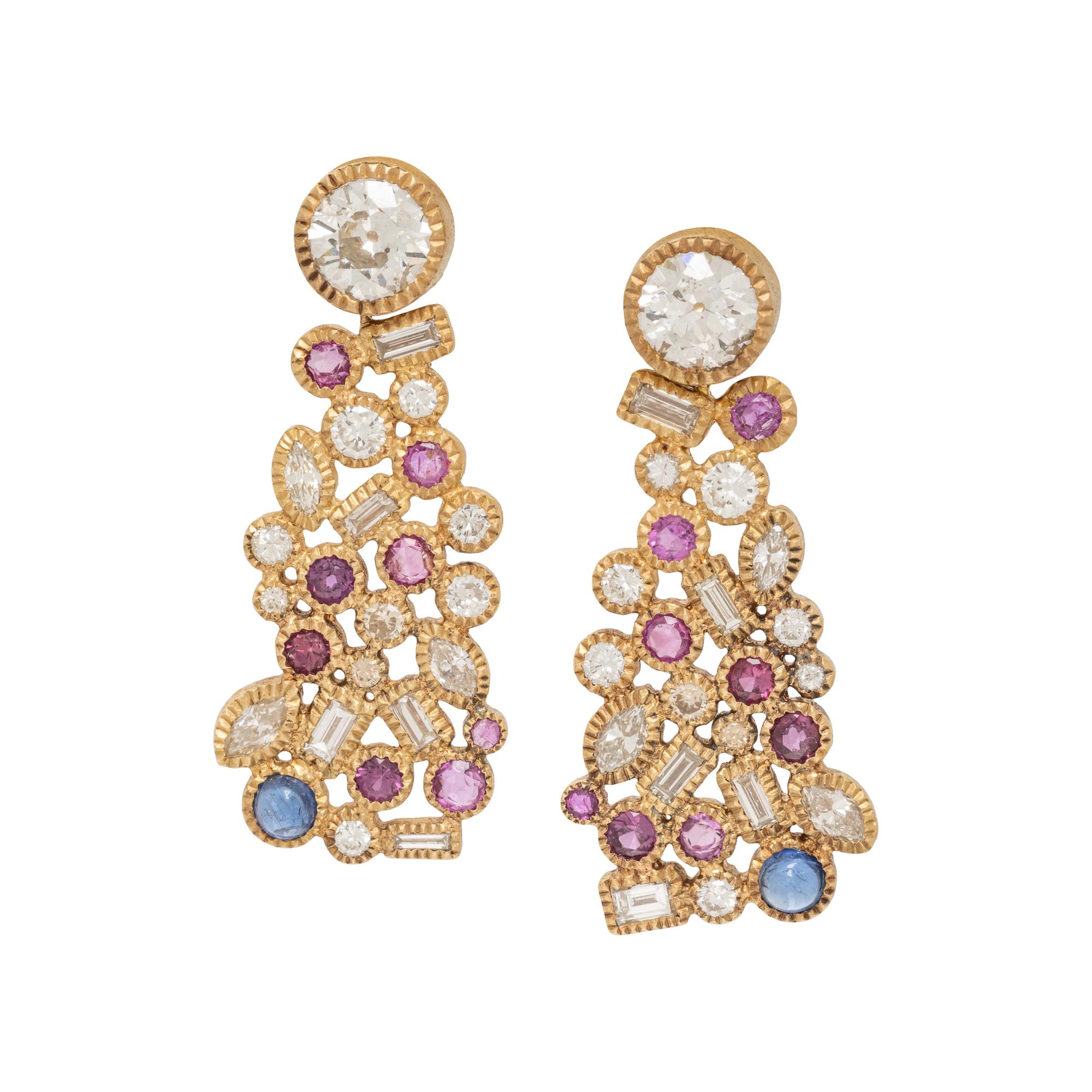 TODD REED, YELLOW GOLD, DIAMOND, RUBY AND SAPPHIRE EARRINGS