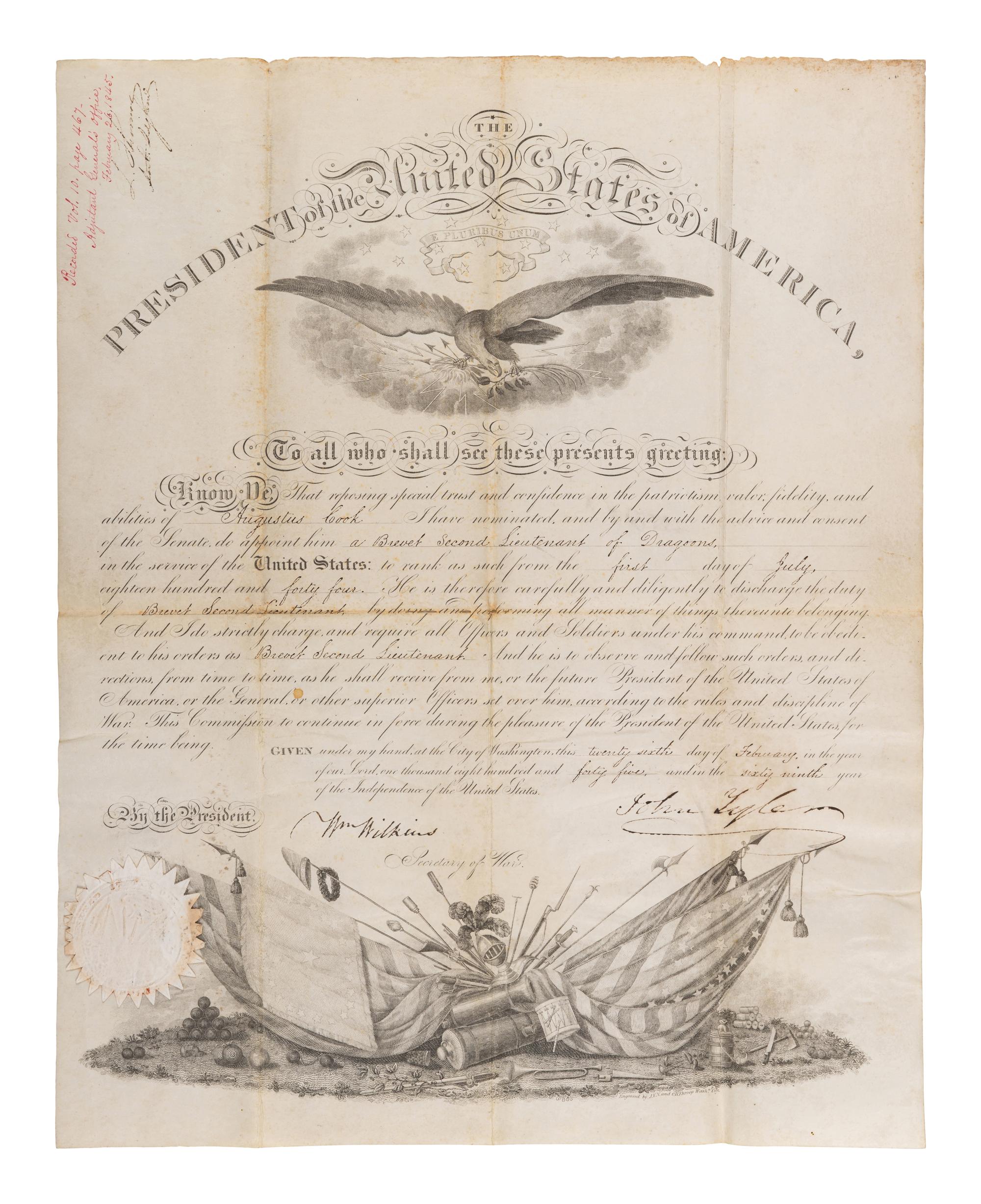 TYLER, John (1790-1862). Partly printed document signed ("John Tyler"), as President, countersigned by William Wilkins (1779-1865), Secretary of War. 26 February 1845.