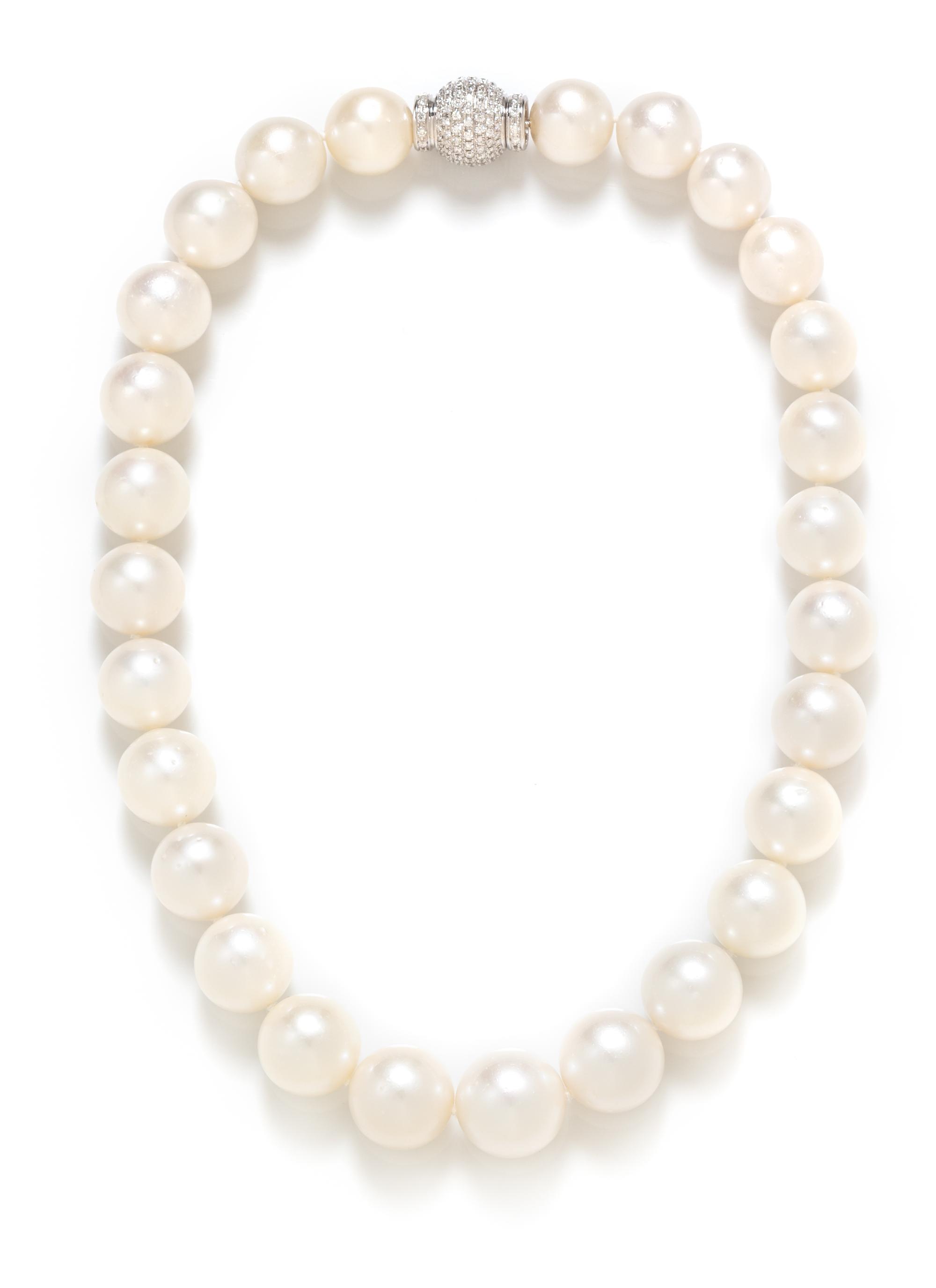 An 18 Karat White Gold, Diamond, Cultured South Sea Pearl Necklace, 106.30 dwts.